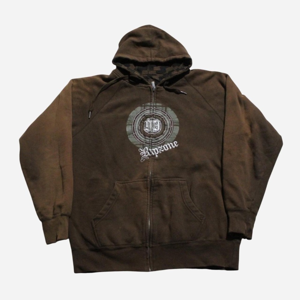 Mens Y2K Skater Streetwear Surf Grunge Reversible Ripzone Brown Zip-up Hoodie